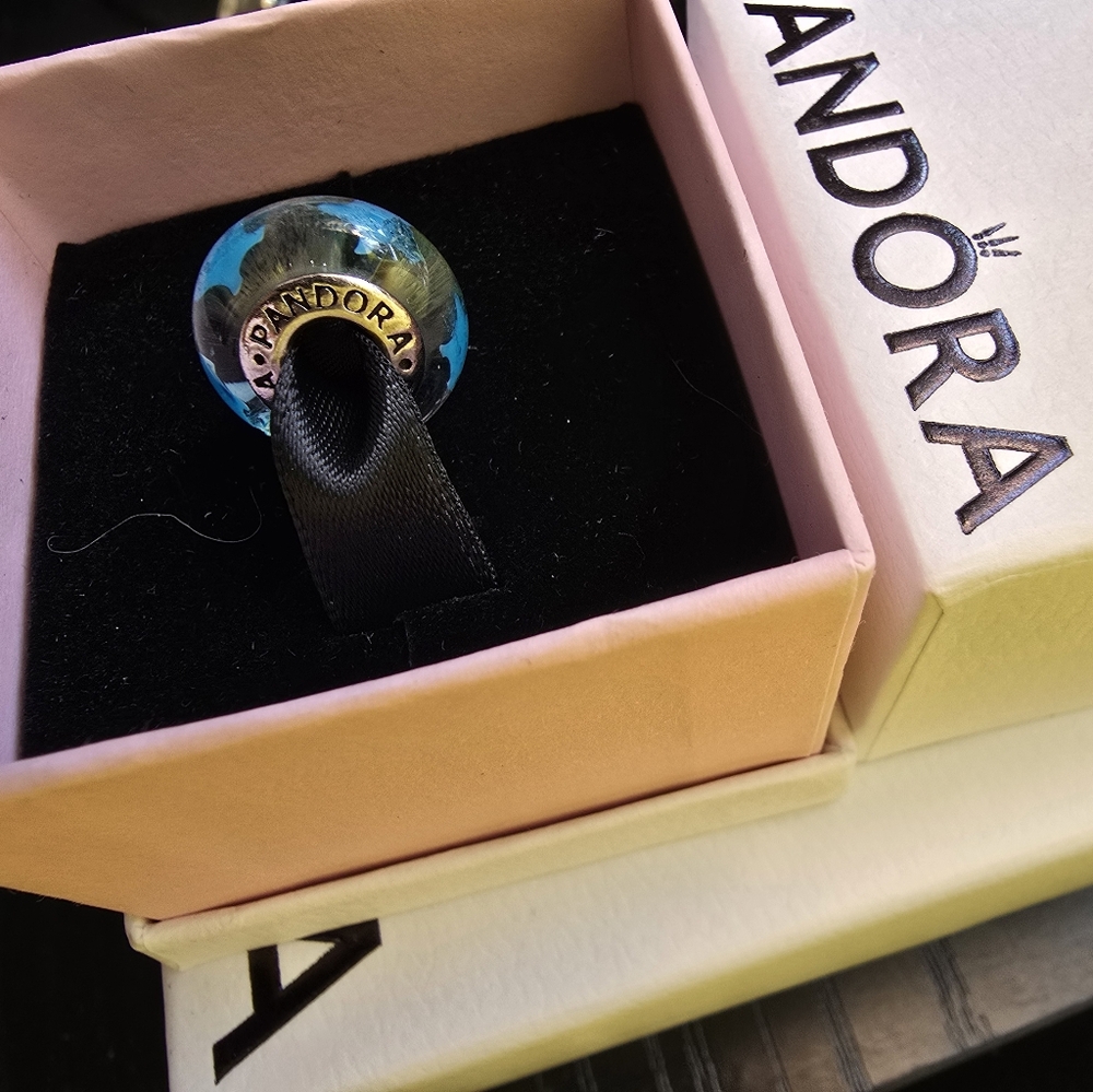 Pandora Blue MURANO Glass Bead With Dark Accents, Silver Core. Box.